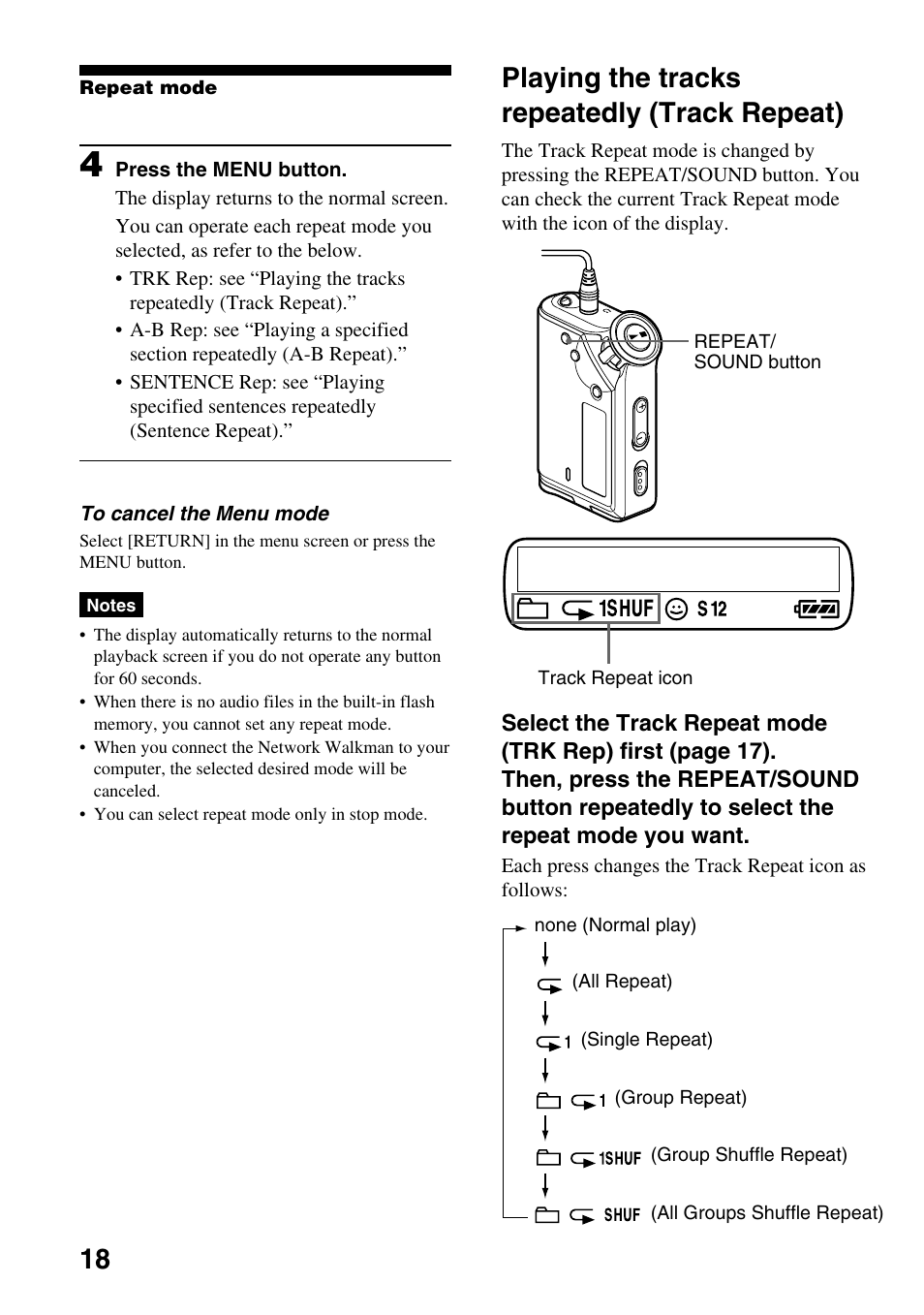 Playing the tracks repeatedly (track repeat) | Sony NW-E99 User Manual | Page 18 / 52