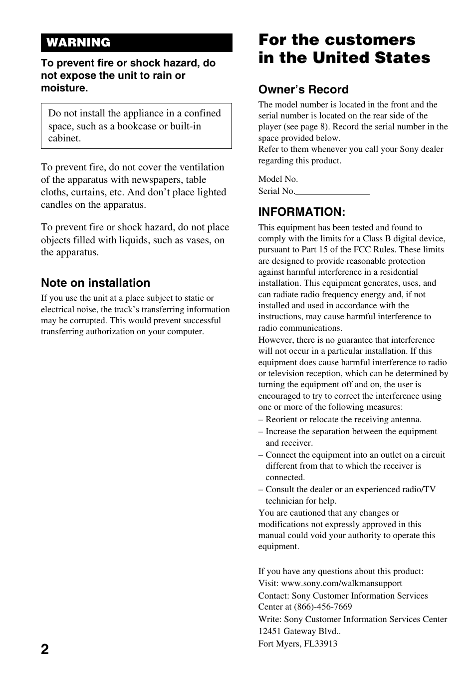 For the customers in the united states | Sony NW-E99 User Manual | Page 2 / 52