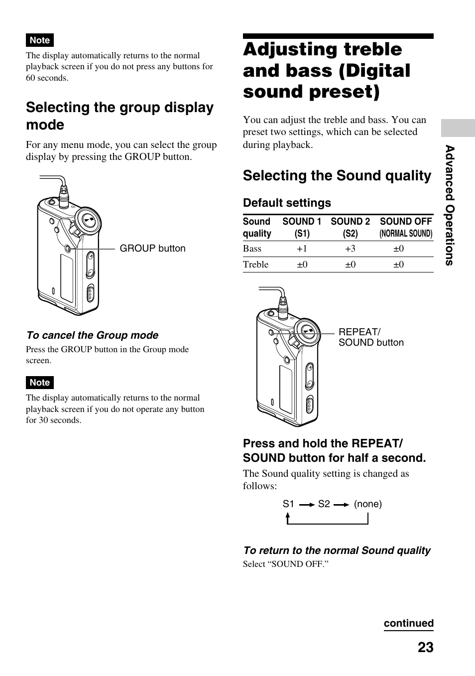 Selecting the group display mode, Adjusting treble and bass (digital sound preset), Selecting the sound quality | Advanced operations, Default settings, Continued | Sony NW-E99 User Manual | Page 23 / 52