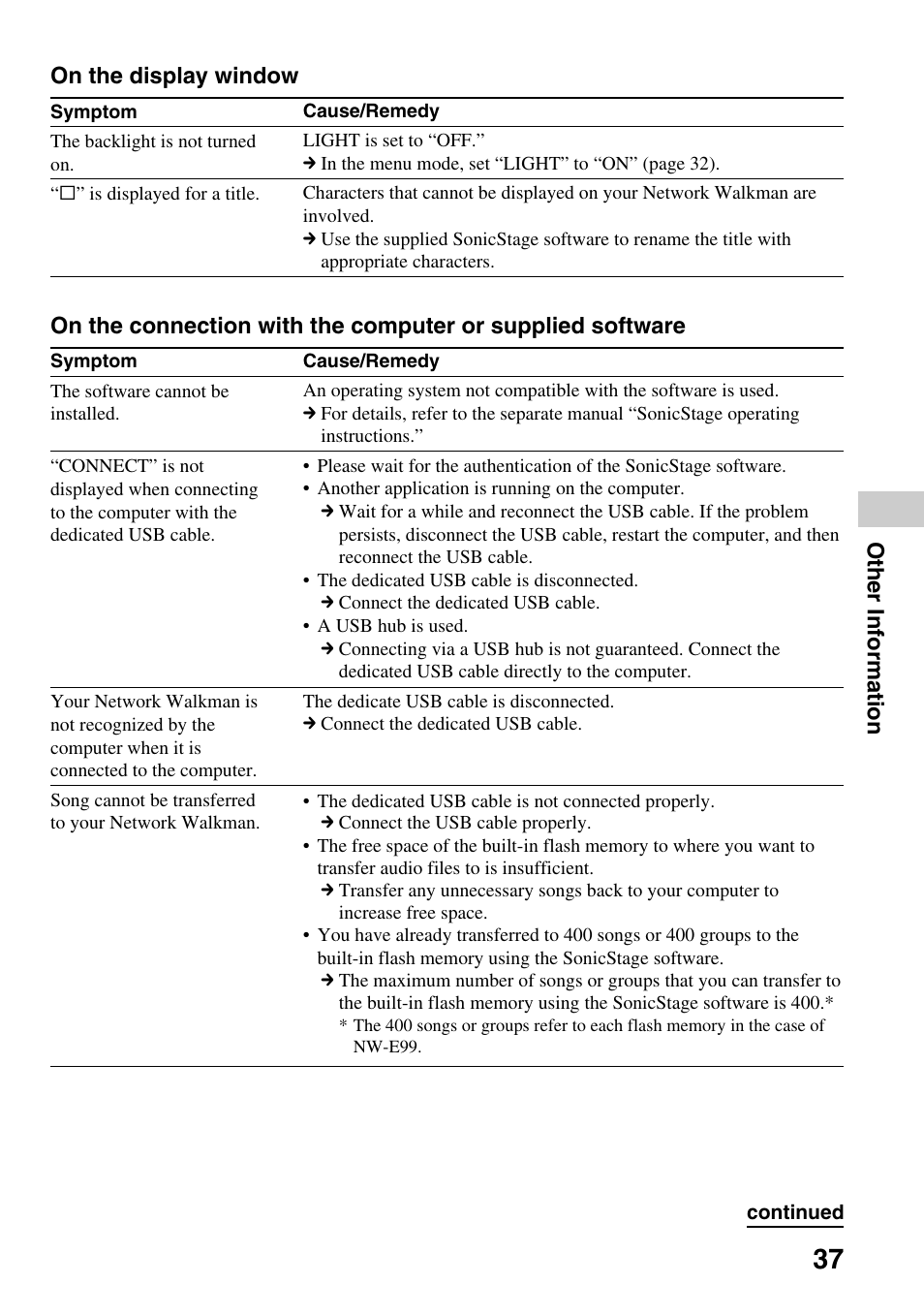 Other information, On the display window | Sony NW-E99 User Manual | Page 37 / 52