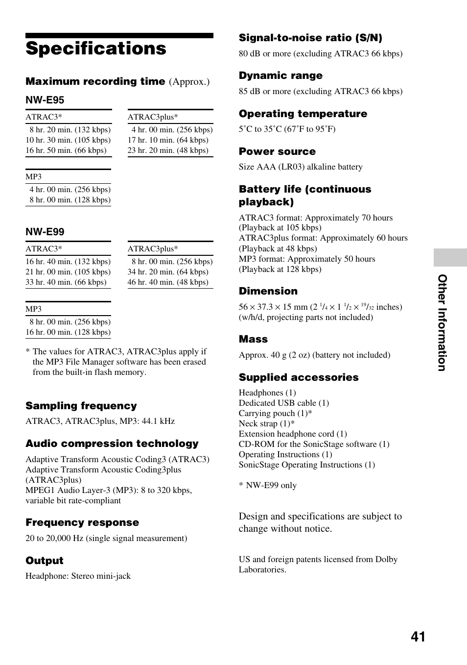 Specifications, Other information | Sony NW-E99 User Manual | Page 41 / 52