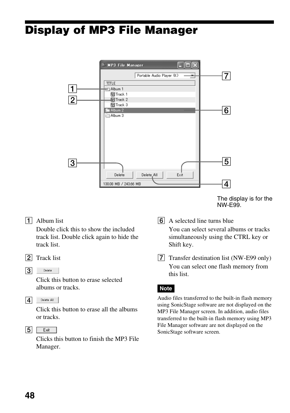Display of mp3 file manager | Sony NW-E99 User Manual | Page 48 / 52