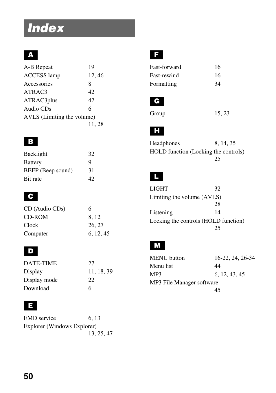 Index | Sony NW-E99 User Manual | Page 50 / 52