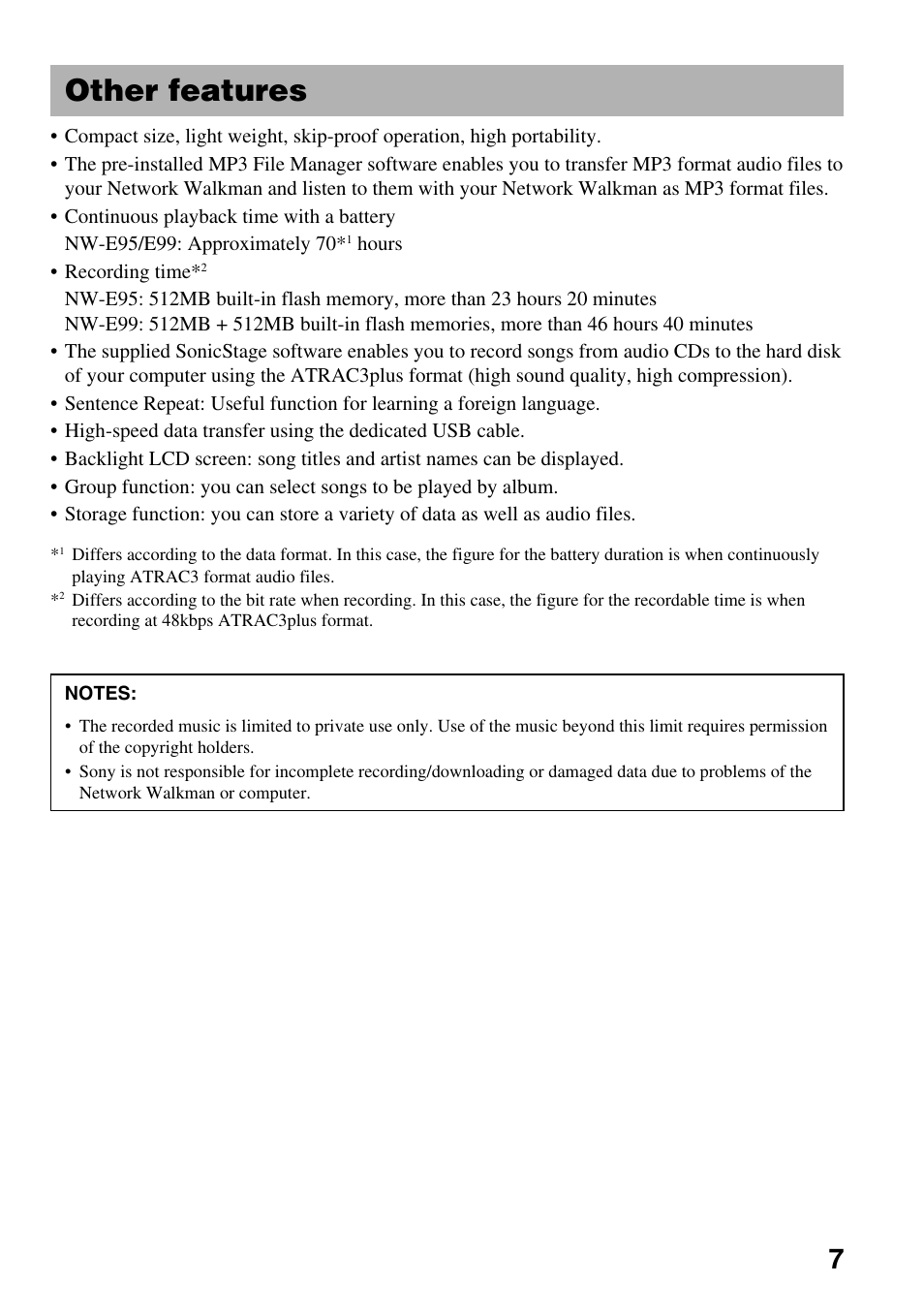 Other features | Sony NW-E99 User Manual | Page 7 / 52