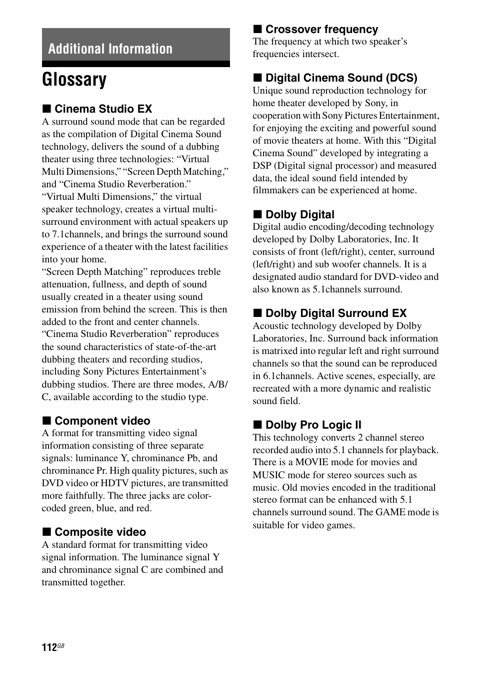 Additional information, Glossary, E 112) | Sony STR-DG1000 User Manual | Page 112 / 123