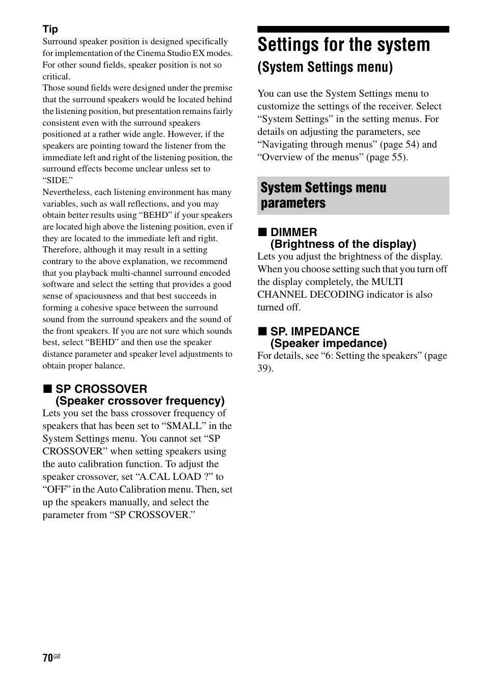 Settings for the system (system settings menu), Settings for the system, System settings menu) | Ge 70, System settings menu parameters | Sony STR-DG1000 User Manual | Page 70 / 123