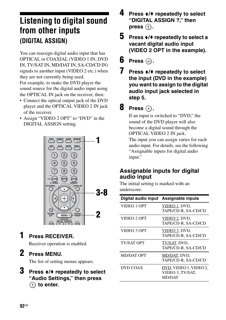 Listening to digital sound from other inputs, Digital assign), E 92) | Sony STR-DG1000 User Manual | Page 92 / 123