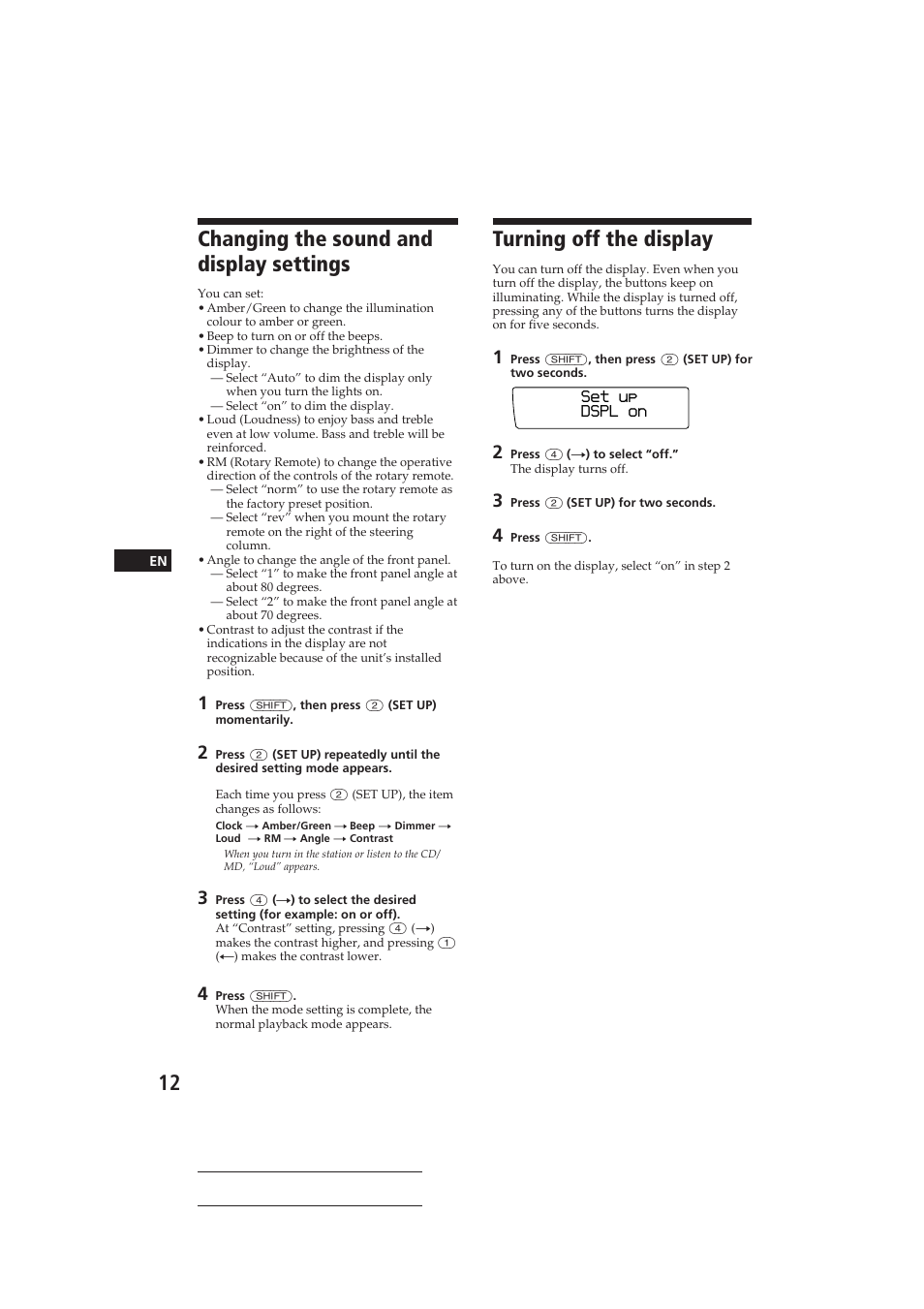 Changing the sound and display settings, Turning off the display | Sony CDX-C910 User Manual | Page 12 / 62