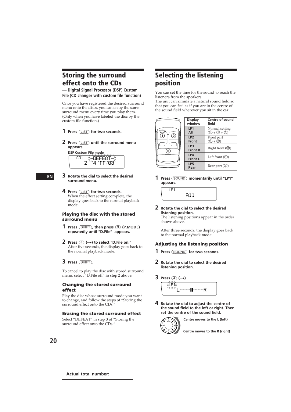 Storing the surround effect onto the cds, Selecting the listening position | Sony CDX-C910 User Manual | Page 20 / 62