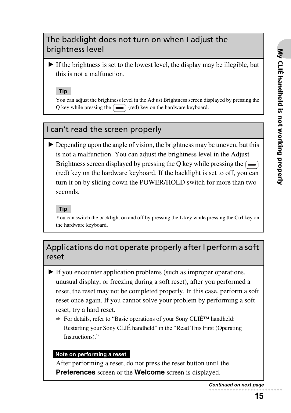 I can’t read the screen properly | Sony CLIE PEG-TG50 User Manual | Page 15 / 56