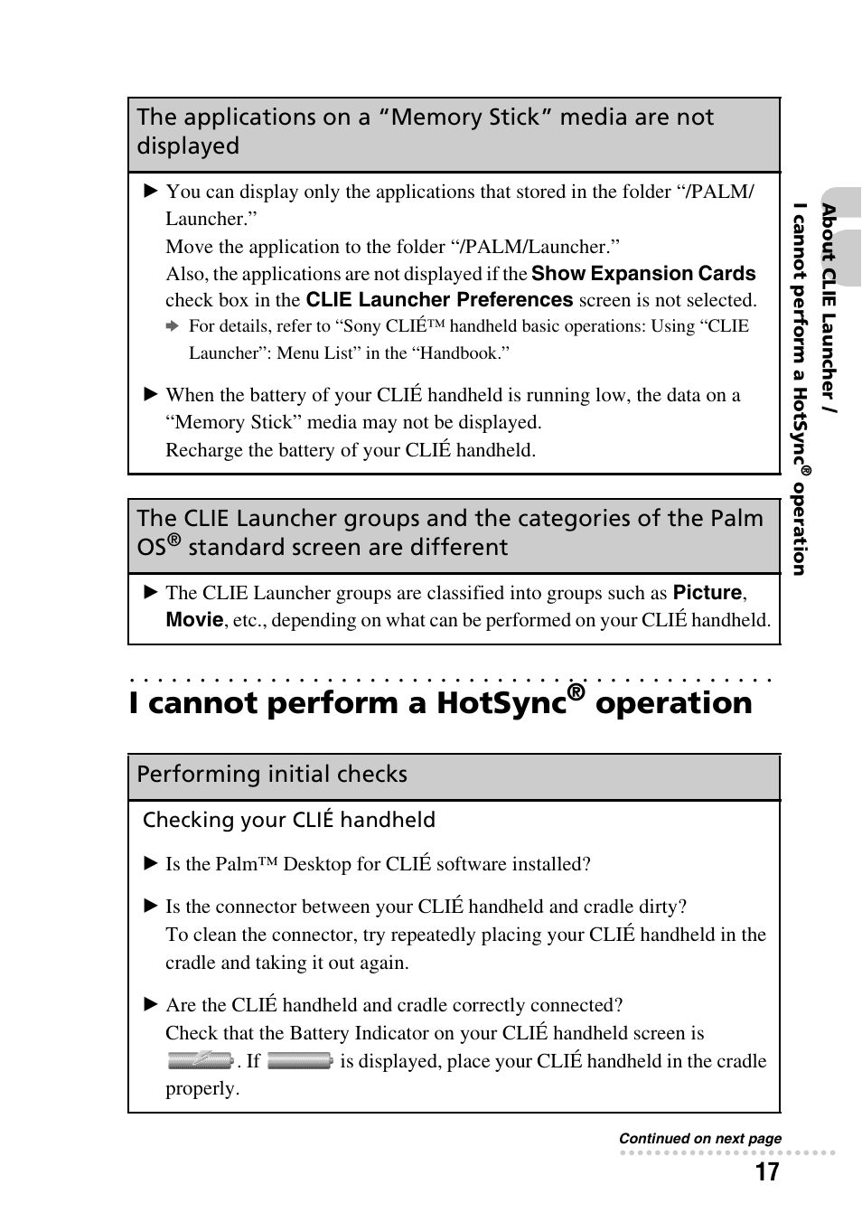 I cannot perform a hotsync® operation, I cannot perform a hotsync, Operation | Standard screen are different, Performing initial checks | Sony CLIE PEG-TG50 User Manual | Page 17 / 56