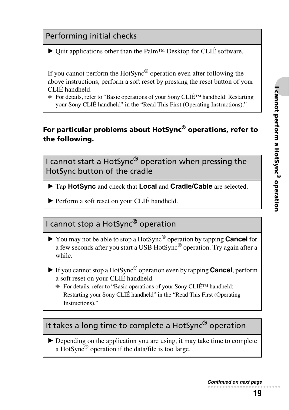 I cannot start a hotsync, Operation when pressing the, Hotsync button of the cradle | I cannot stop a hotsync, Operation, It takes a long time to complete a hotsync, Performing initial checks | Sony CLIE PEG-TG50 User Manual | Page 19 / 56