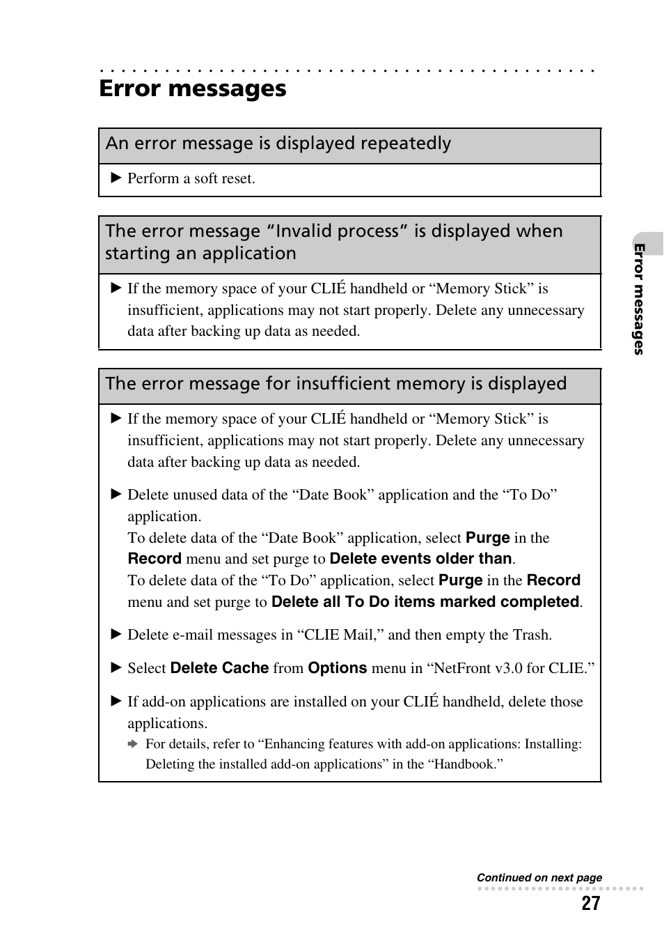 Error messages, An error message is displayed repeatedly | Sony CLIE PEG-TG50 User Manual | Page 27 / 56