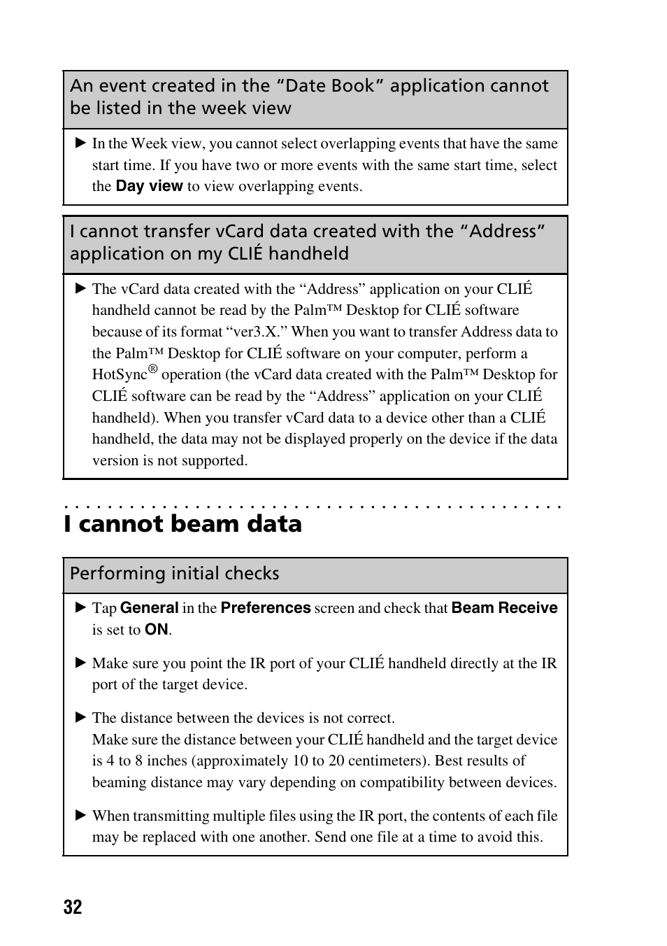 I cannot beam data, Performing initial checks | Sony CLIE PEG-TG50 User Manual | Page 32 / 56