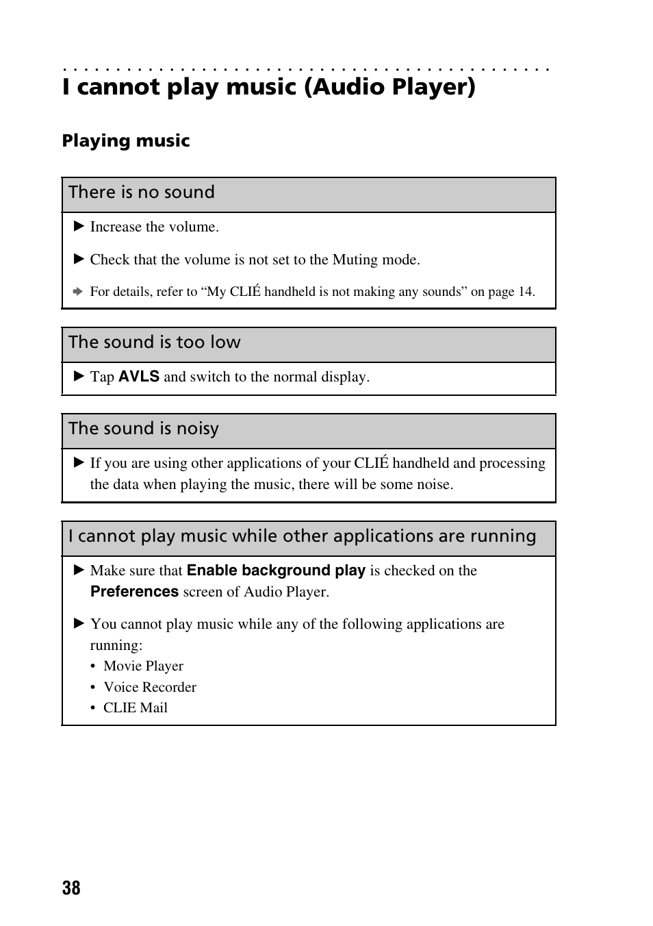 I cannot play music (audio player), Playing music, There is no sound | The sound is too low, The sound is noisy | Sony CLIE PEG-TG50 User Manual | Page 38 / 56