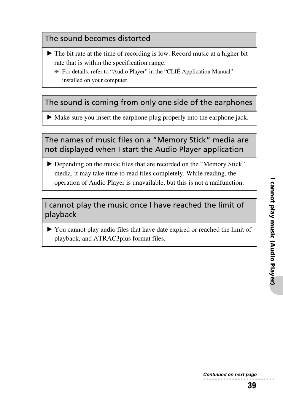 The sound becomes distorted | Sony CLIE PEG-TG50 User Manual | Page 39 / 56
