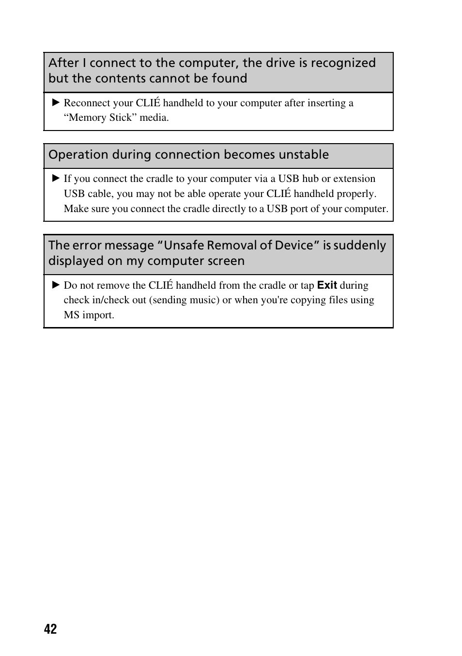 Operation during connection becomes unstable | Sony CLIE PEG-TG50 User Manual | Page 42 / 56