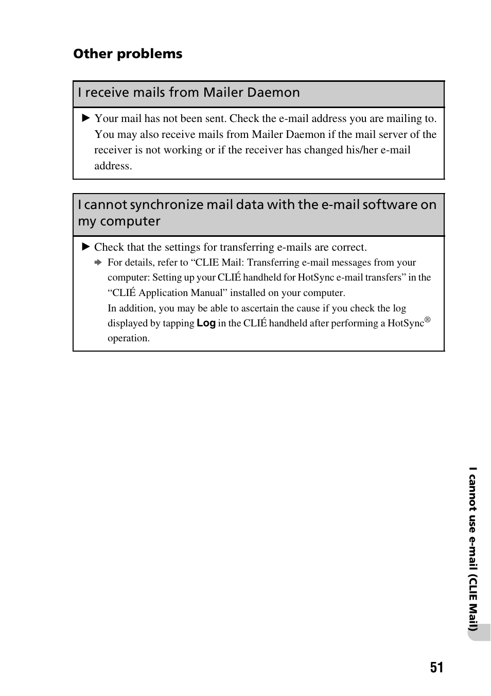 Other problems, I receive mails from mailer daemon, Other problems i receive mails from mailer daemon | Sony CLIE PEG-TG50 User Manual | Page 51 / 56