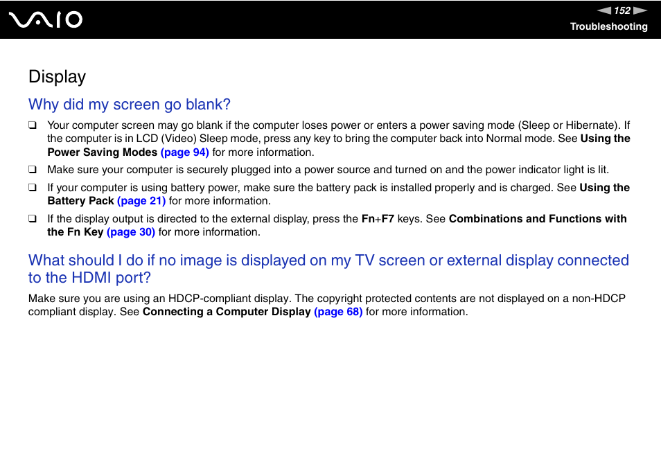 Display, Why did my screen go blank | Sony VAIO VGN-FW200 User Manual | Page 152 / 186