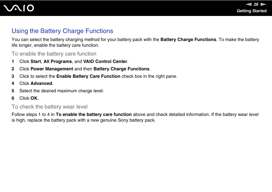 Using the battery charge functions | Sony VAIO VGN-FW200 User Manual | Page 26 / 186