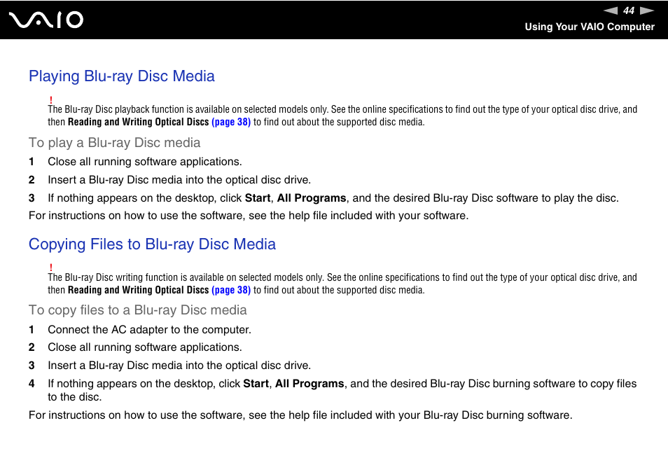 Playing blu-ray disc media, Copying files to blu-ray disc media | Sony VAIO VGN-FW200 User Manual | Page 44 / 186