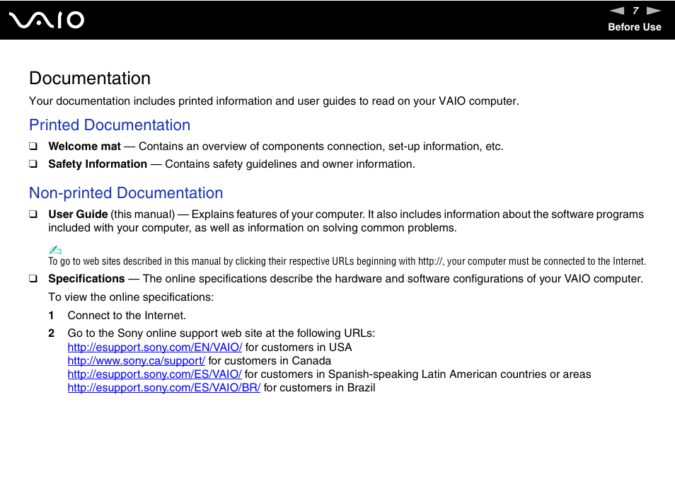 Documentation, Printed documentation, Non-printed documentation | Sony VAIO VGN-FW200 User Manual | Page 7 / 186