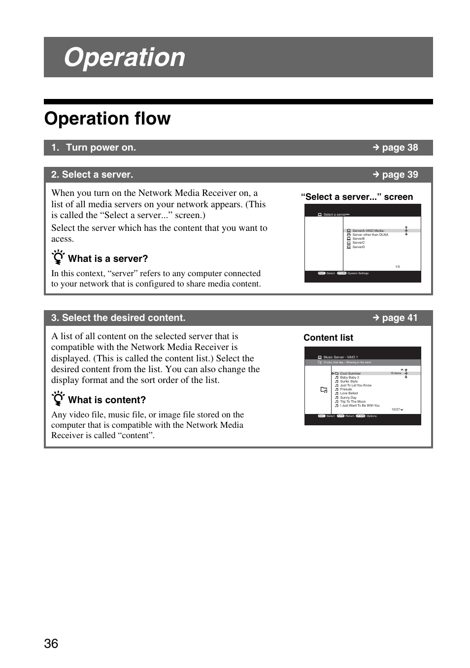 Operation, Operation flow, What is a server | What is content, Select a server...” screen, Content list | Sony VGP-MR100 User Manual | Page 36 / 69