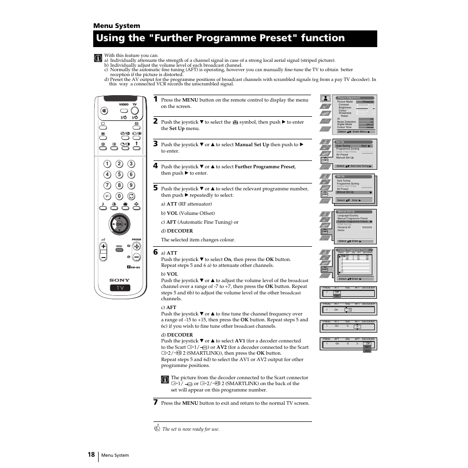 Using the "further programme preset" function, Menu system | Sony KP-44PS2U User Manual | Page 18 / 35