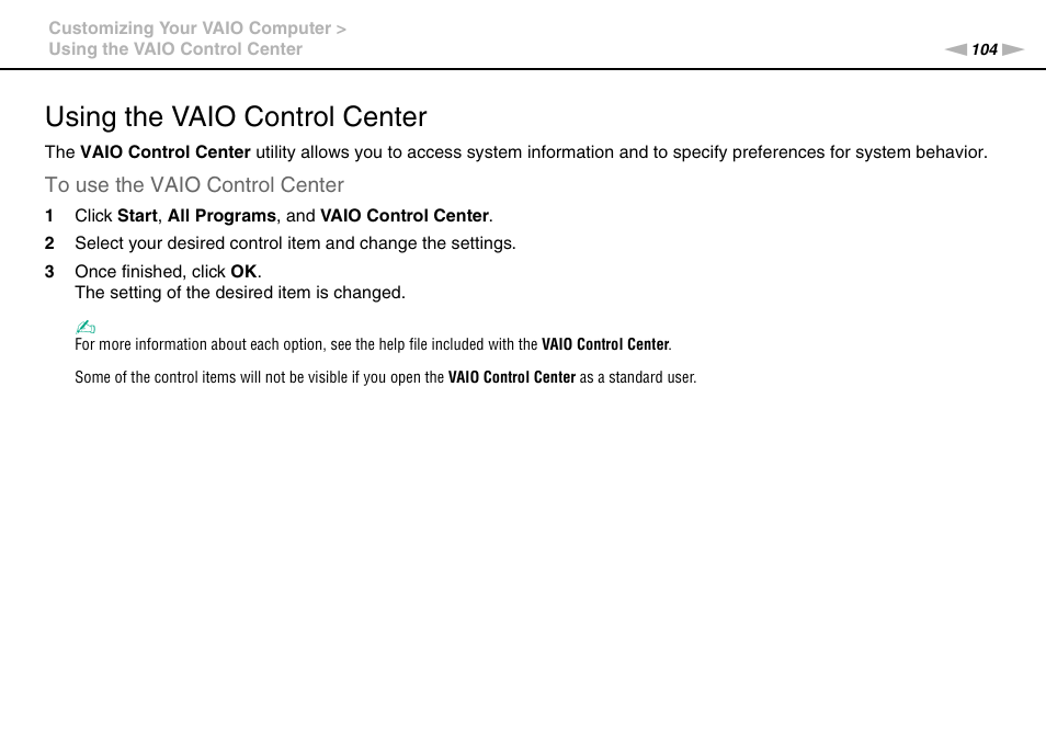 Using the vaio control center | Sony VAIO VPCF13 User Manual | Page 104 / 178