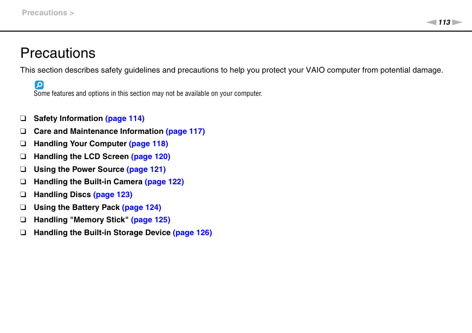 Precautions | Sony VAIO VPCF13 User Manual | Page 113 / 178