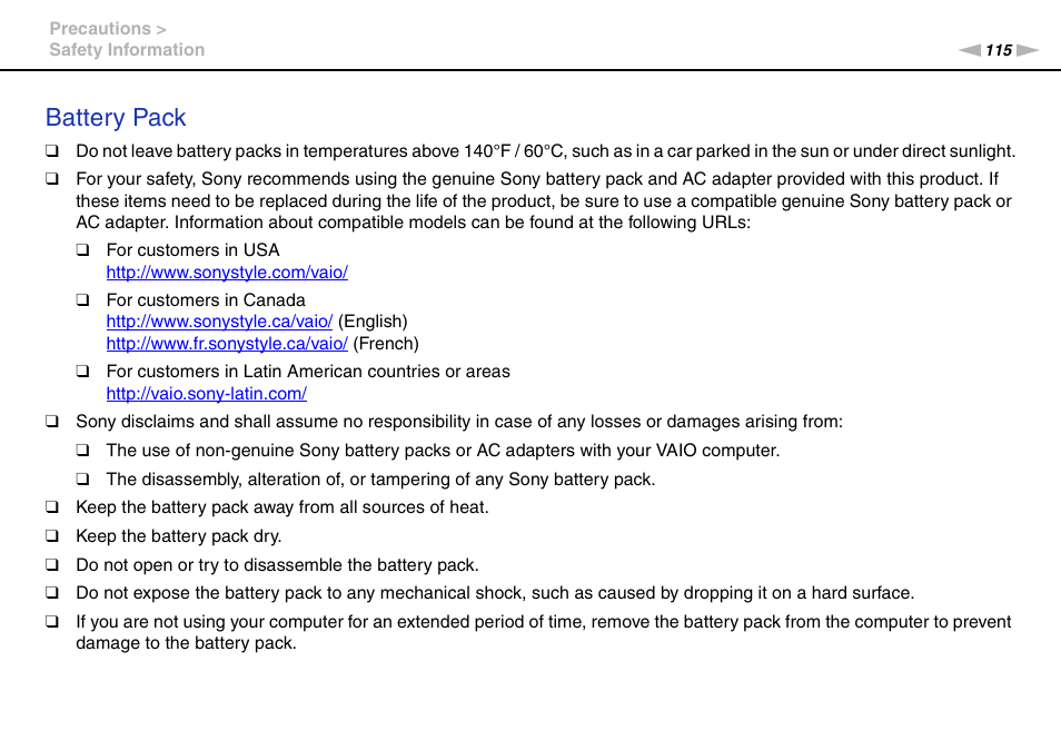 Battery pack | Sony VAIO VPCF13 User Manual | Page 115 / 178