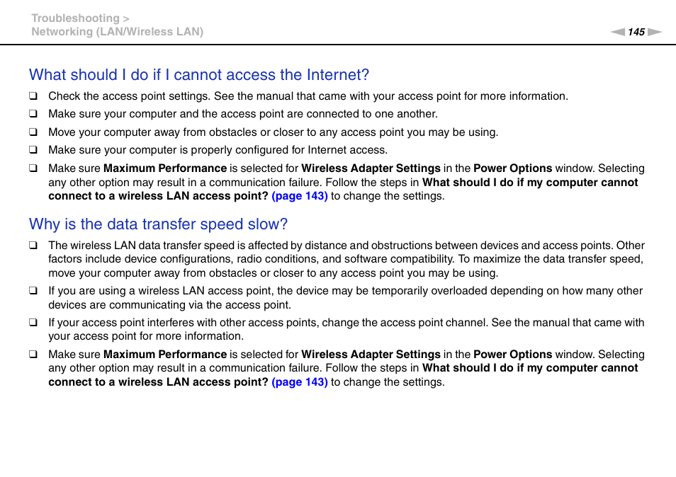 What should i do if i cannot access the internet, Why is the data transfer speed slow | Sony VAIO VPCF13 User Manual | Page 145 / 178