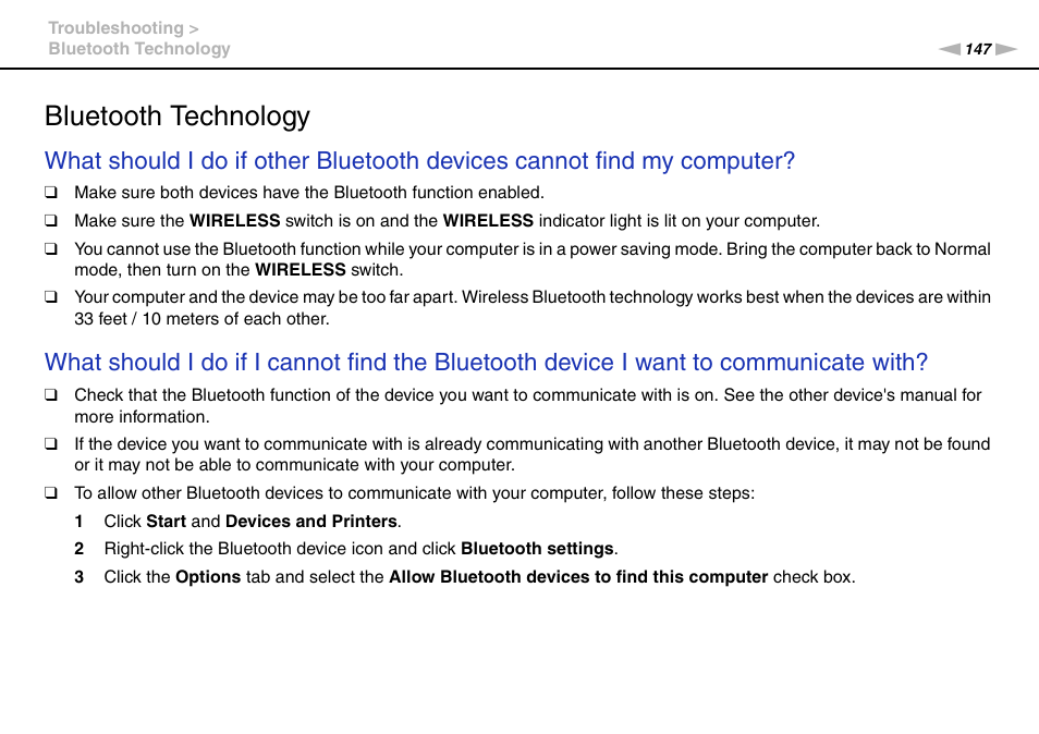 Bluetooth technology | Sony VAIO VPCF13 User Manual | Page 147 / 178