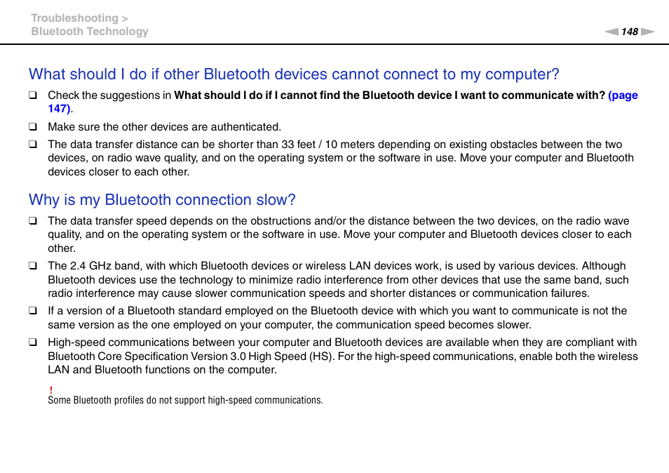 Why is my bluetooth connection slow | Sony VAIO VPCF13 User Manual | Page 148 / 178