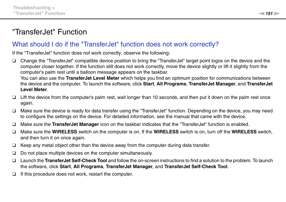 Transferjet" function | Sony VAIO VPCF13 User Manual | Page 151 / 178