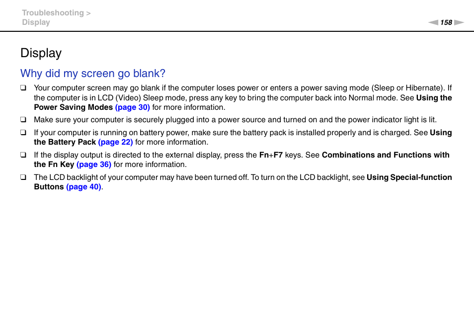Display, Why did my screen go blank | Sony VAIO VPCF13 User Manual | Page 158 / 178