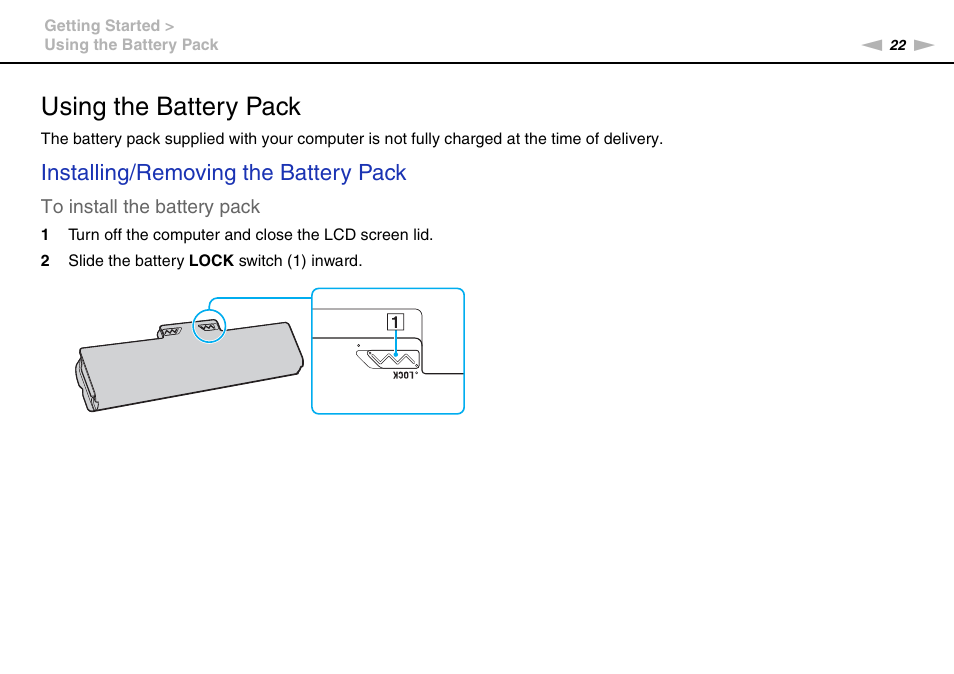 Using the battery pack, Installing/removing the battery pack | Sony VAIO VPCF13 User Manual | Page 22 / 178