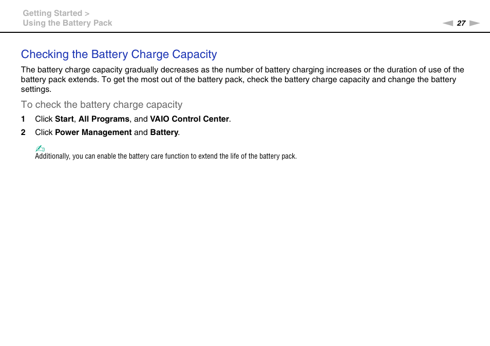 Checking the battery charge capacity | Sony VAIO VPCF13 User Manual | Page 27 / 178