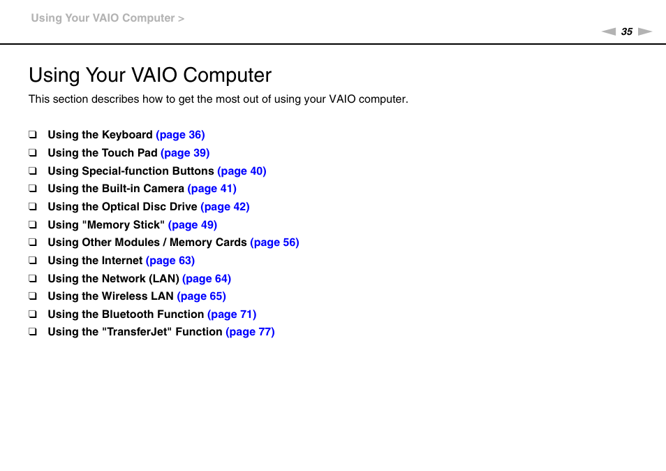 Using your vaio computer | Sony VAIO VPCF13 User Manual | Page 35 / 178