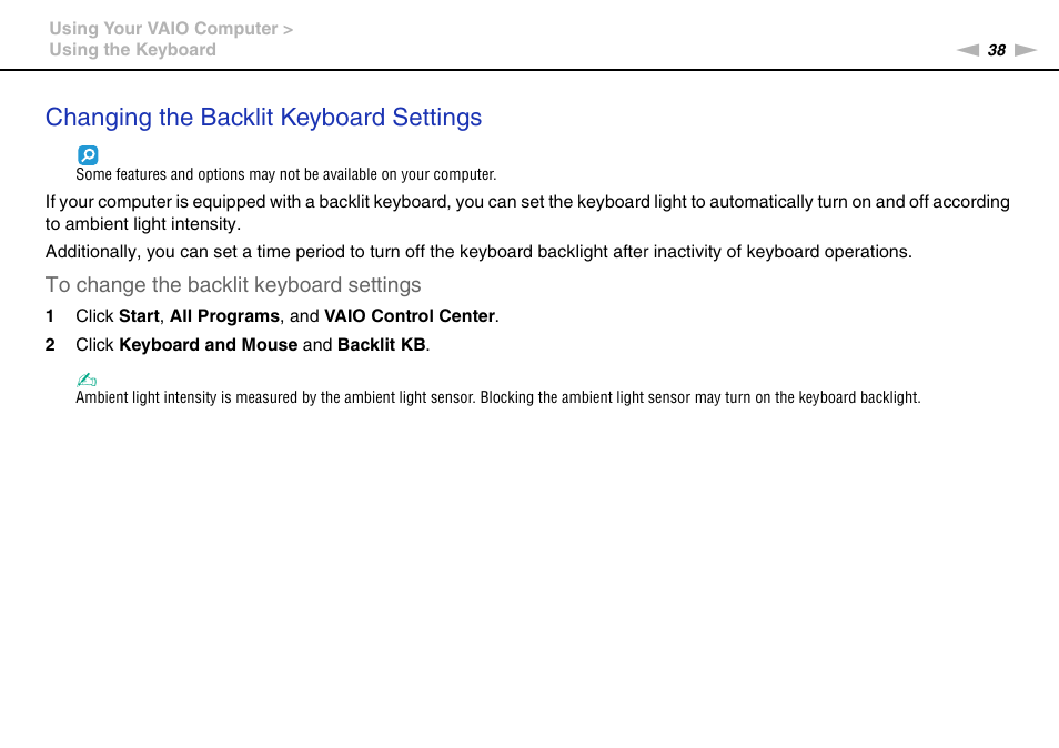 Changing the backlit keyboard settings | Sony VAIO VPCF13 User Manual | Page 38 / 178