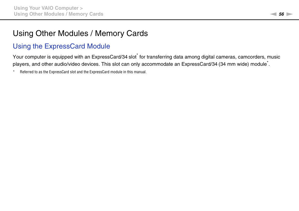 Using other modules / memory cards, Using the expresscard module | Sony VAIO VPCF13 User Manual | Page 56 / 178