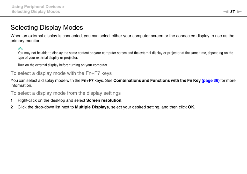 Selecting display modes | Sony VAIO VPCF13 User Manual | Page 87 / 178