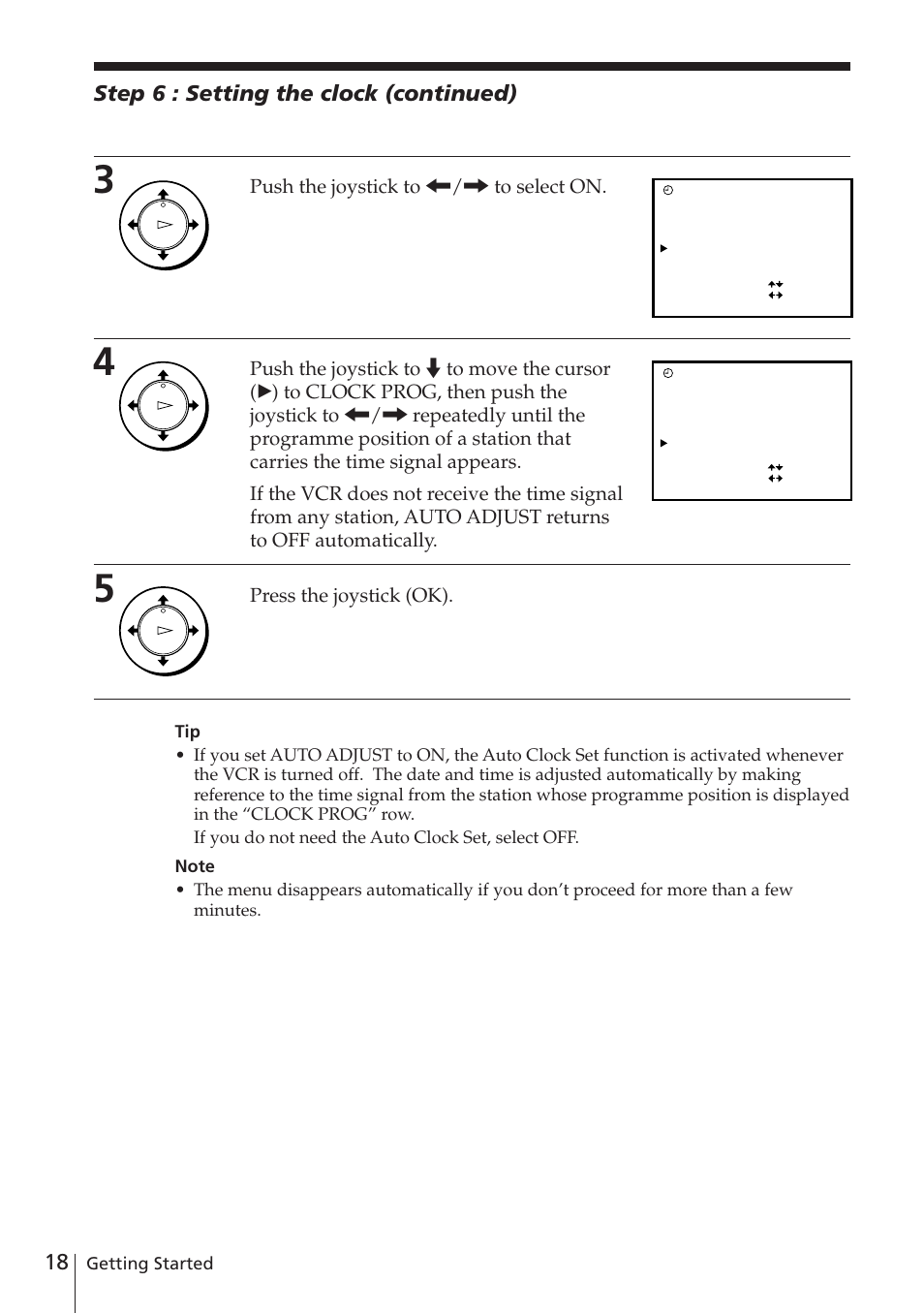 Step 6 : setting the clock (continued), Push the joystick to ?// to select on, Press the joystick (ok) | Getting started | Sony SLV-E780EN/EG User Manual | Page 18 / 72