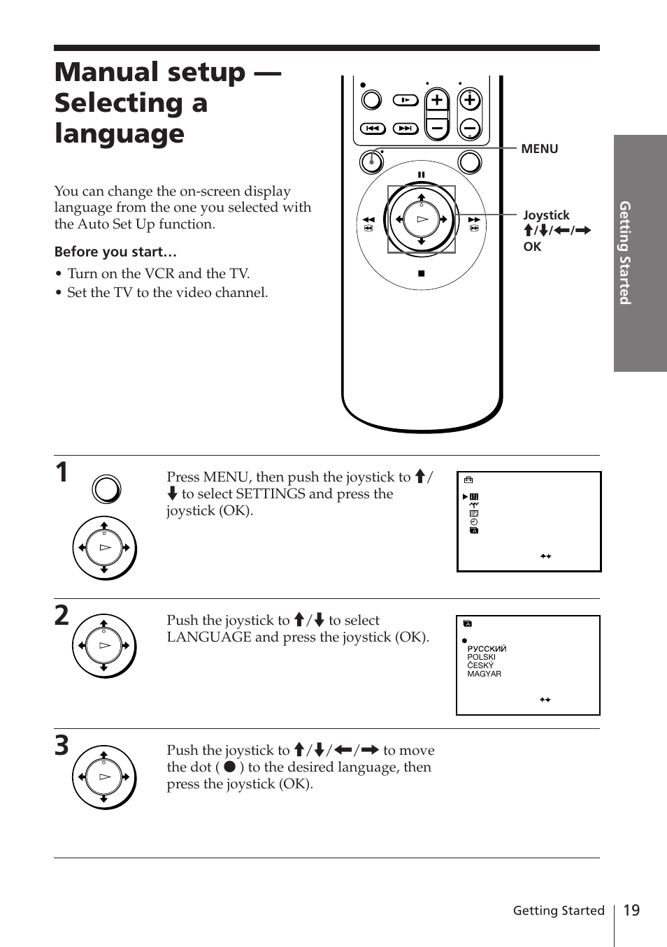 Manual setup — selecting a language | Sony SLV-E780EN/EG User Manual | Page 19 / 72