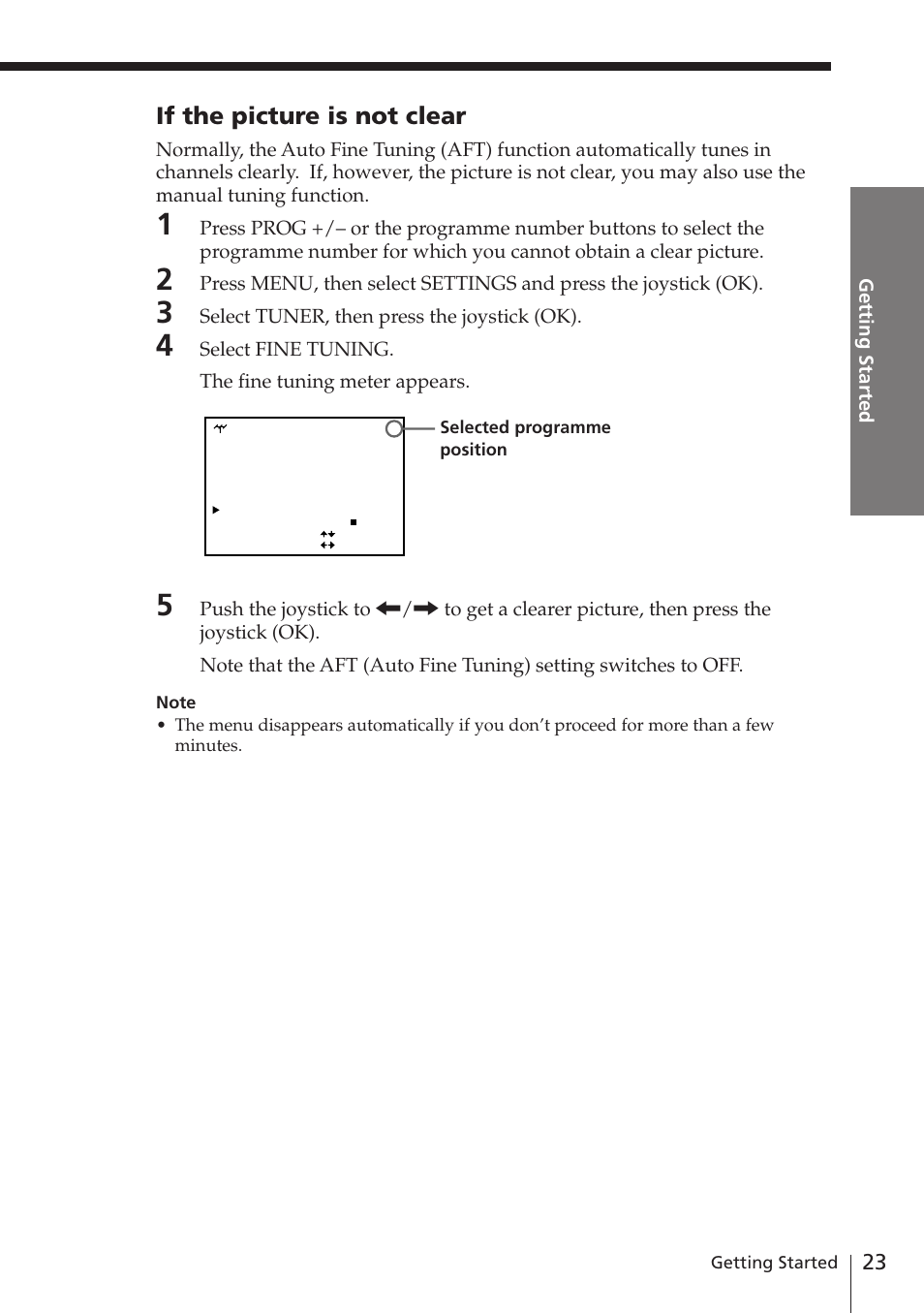 If the picture is not clear, Getting started, Select tuner, then press the joystick (ok) | Select fine tuning. the fine tuning meter appears | Sony SLV-E780EN/EG User Manual | Page 23 / 72