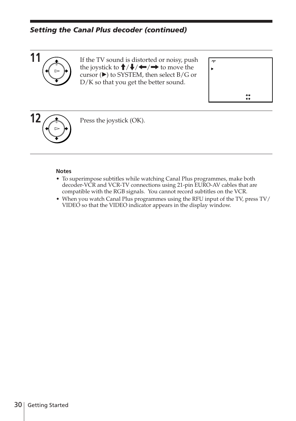 Setting the canal plus decoder (continued), Press the joystick (ok), Getting started | Sony SLV-E780EN/EG User Manual | Page 30 / 72