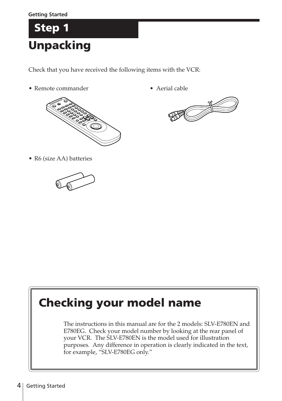 Unpacking, Checking your model name, Step 1 | Sony SLV-E780EN/EG User Manual | Page 4 / 72