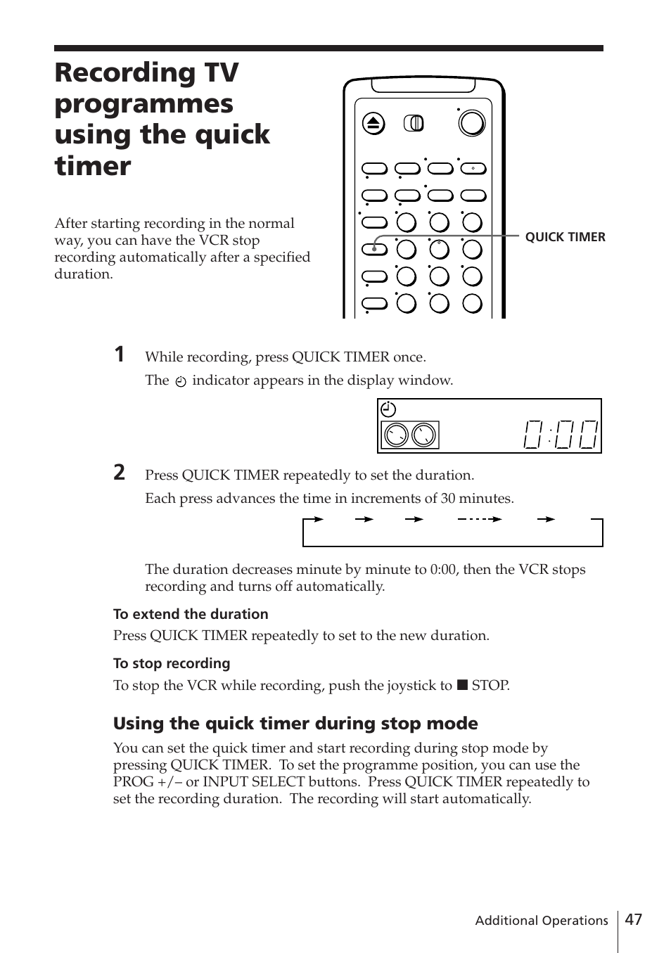 Recording tv programmes using the quick timer, Using the quick timer during stop mode | Sony SLV-E780EN/EG User Manual | Page 47 / 72