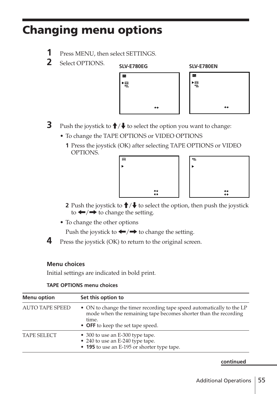 Changing menu options, Press menu, then select settings, Select options | Sony SLV-E780EN/EG User Manual | Page 55 / 72
