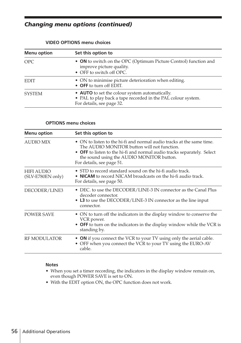 Changing menu options (continued) | Sony SLV-E780EN/EG User Manual | Page 56 / 72